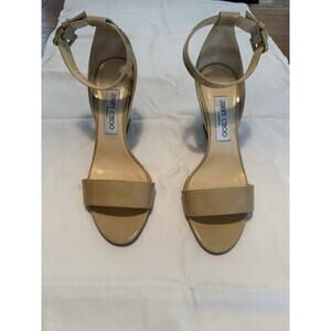 Jimmy Choo Beige Patent Leather Edina Ankle Strap Sandal Block 38.5 EU